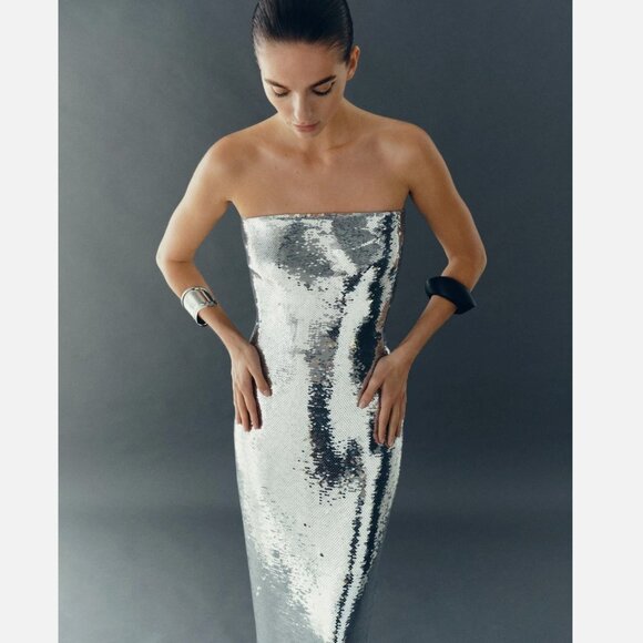 Zara Sequin Festive Strapless Midi Dress Organza Silver Metallic Size Small - Picture 2 of 13